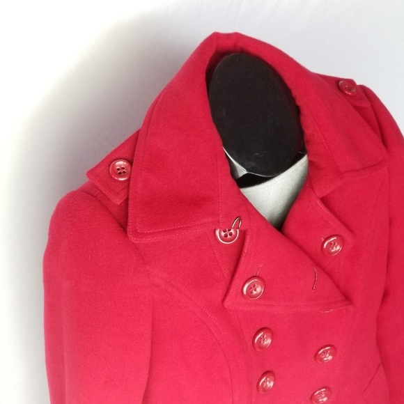 NWOT JACOB  Dbl Breasted Peacoat Epauletted Slash Pockets Structured RubyRed SML - Picture 2 of 10
